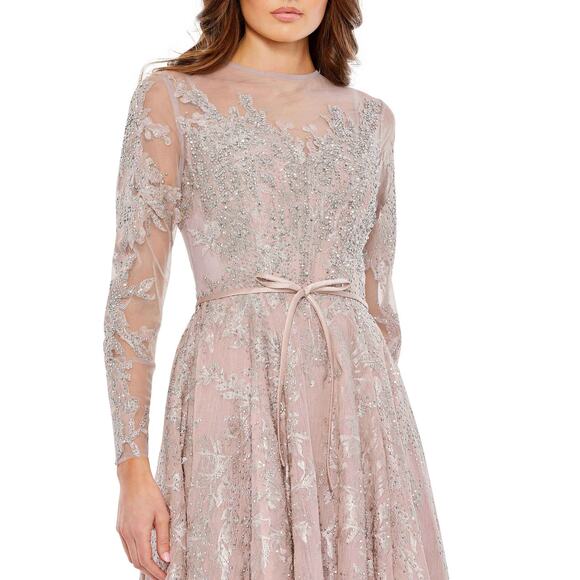 MAC DUGGAL 20337 Embellished Bow Belt Illusion Long Sleeve A Line Dress 16 NEW - Picture 4 of 10